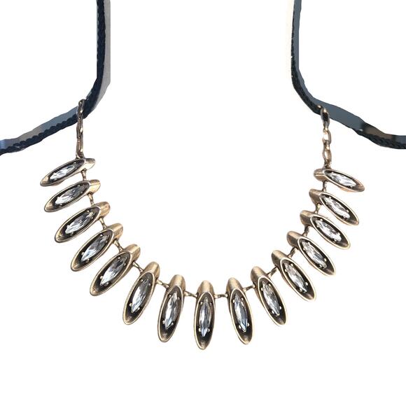 J. Crew Necklace Clear Stone Suspended in Oval Statement Piece Collar Gold Tone - Picture 1 of 5